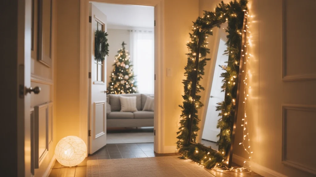 “Warm fairy lights adding a magical glow to Christmas entryway decorations”