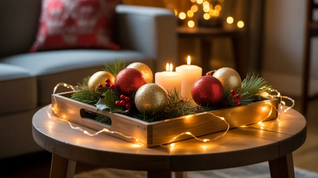 “Christmas coffee table decor with fairy lights, ornaments, and greenery for magical glow”