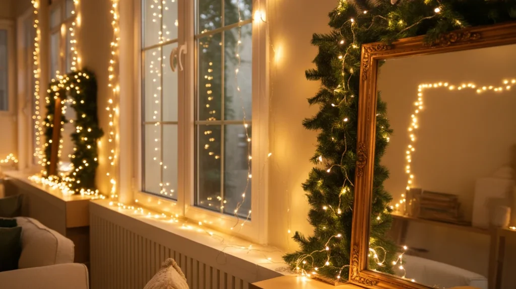 Fairy lights decorating windows and garlands for soft ambient glow in Christmas living room