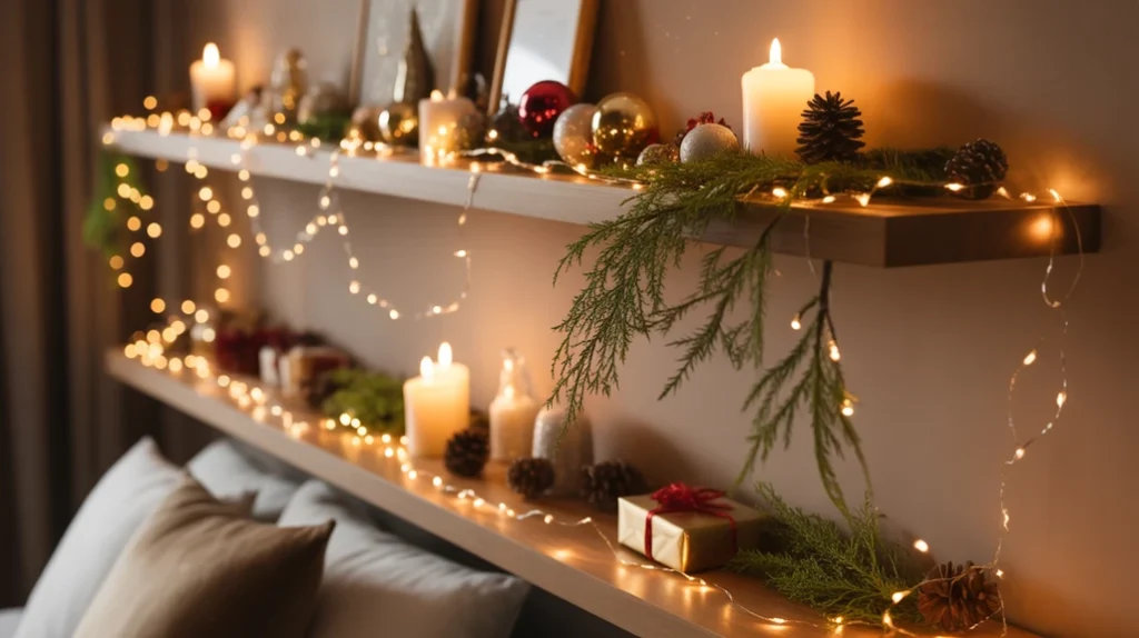 Fairy lights draped around bedroom shelves for a soft Christmas ambiance