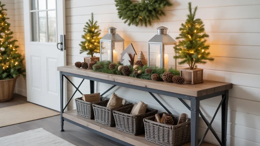 “Farmhouse console table with simple rustic Christmas decorations and pine accents”