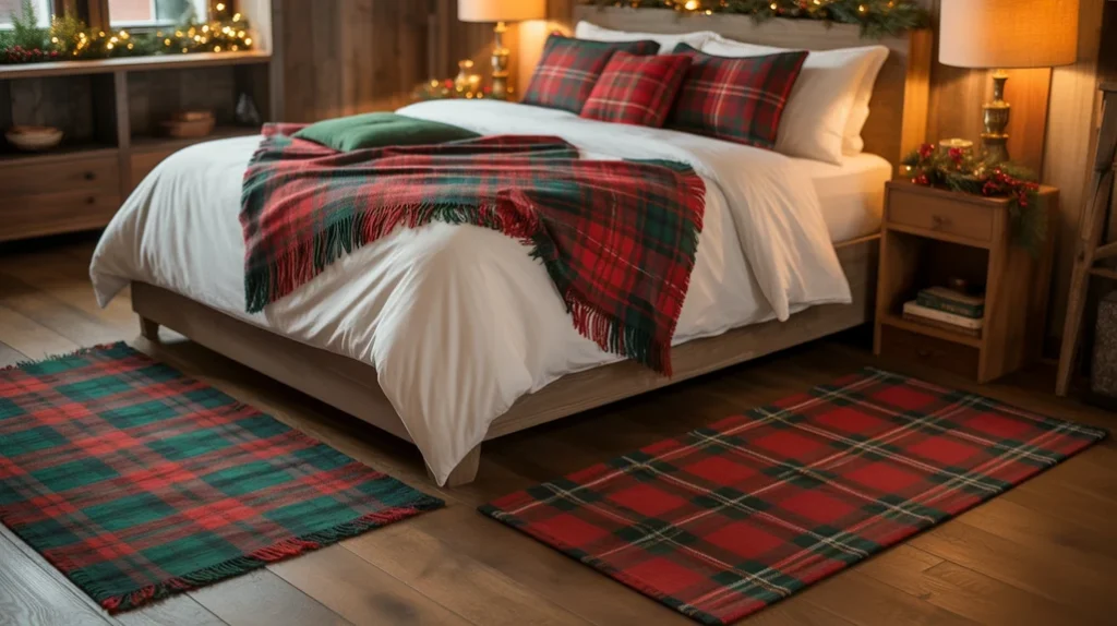 Red and green festive rugs adding warmth to a Christmas bedroom design