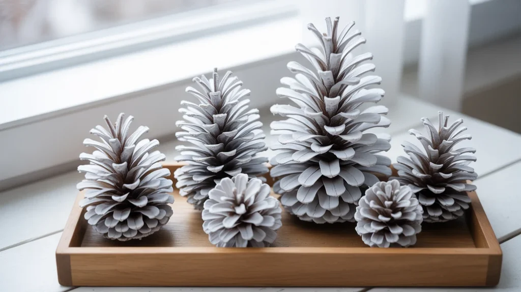 frosted pinecones arranged as natural winter bathroom accents