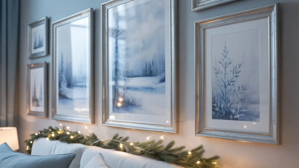 Blue and silver winter wall art framed in silver, complementing the festive theme of the Christmas bedroom.