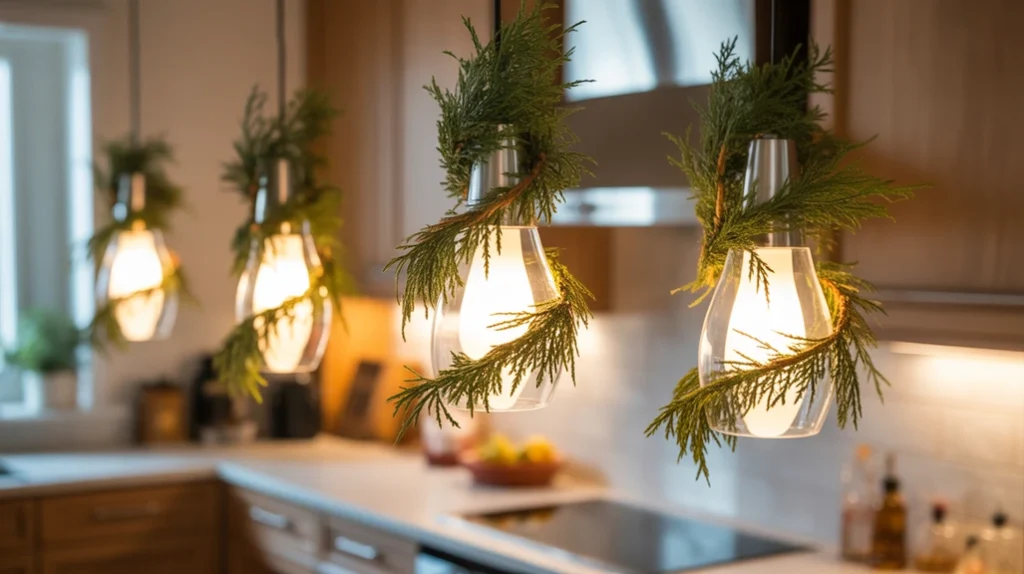 Pendant lights wrapped with cedar greenery garland for soft festive kitchen lighting