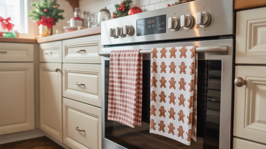 gingerbread and candy cane themed kitchen towels for a cheerful christmas cooking space