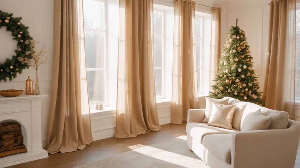 Soft gold curtains and sheer drapes adding warmth and festive ambiance to a white Christmas living room