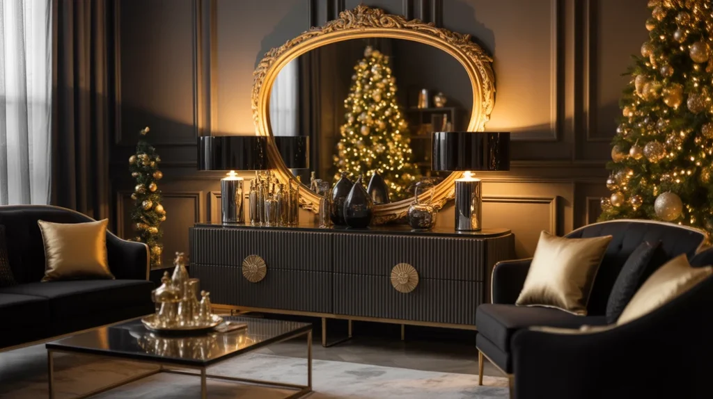 Gold mirror and black furniture reflecting Christmas tree lights in an elegant living room.