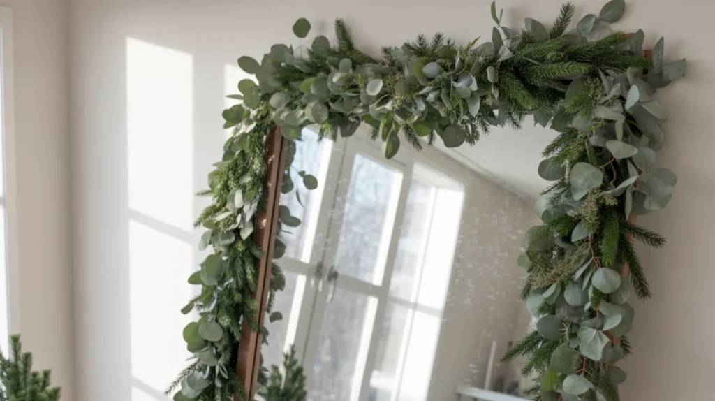 Greenery garlands and pine accents for natural Christmas decor in apartment bedroom