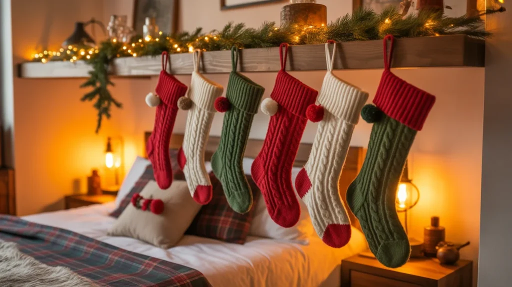 knitted christmas stockings hanging on bed frame for cozy bedroom holiday styling