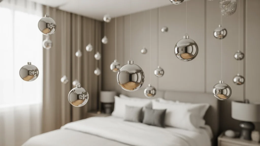metallic silver ornaments hanging from ceiling and curtain rods adding sparkle to minimalist Christmas bedroom