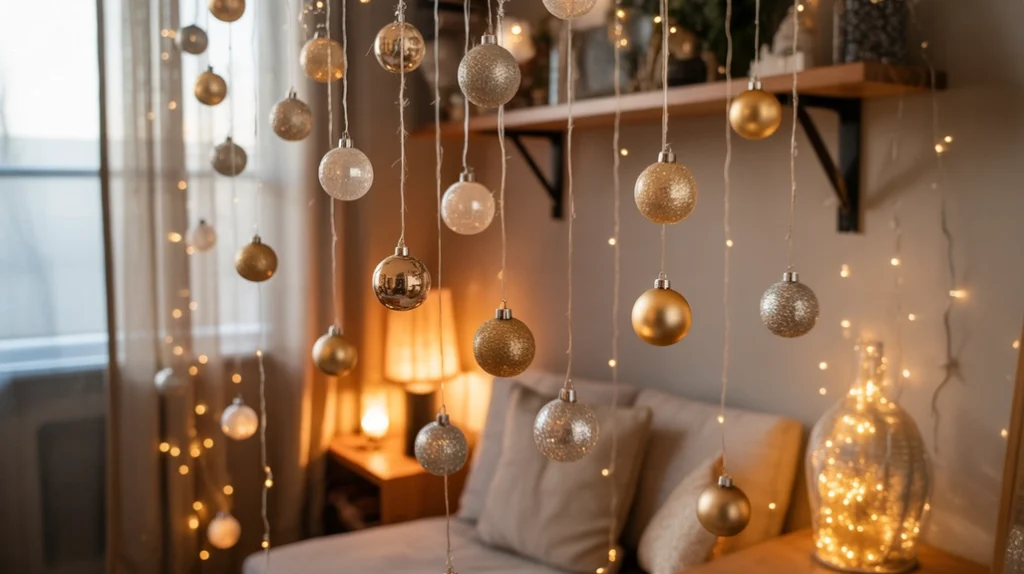 Creative Christmas decor with ornaments hanging from shelves and curtain rods in a compact living room.