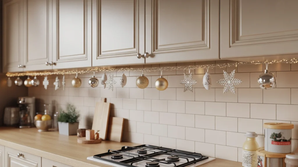 Small ornaments and snowflakes hanging from the underside of cabinets for subtle modern Christmas decor