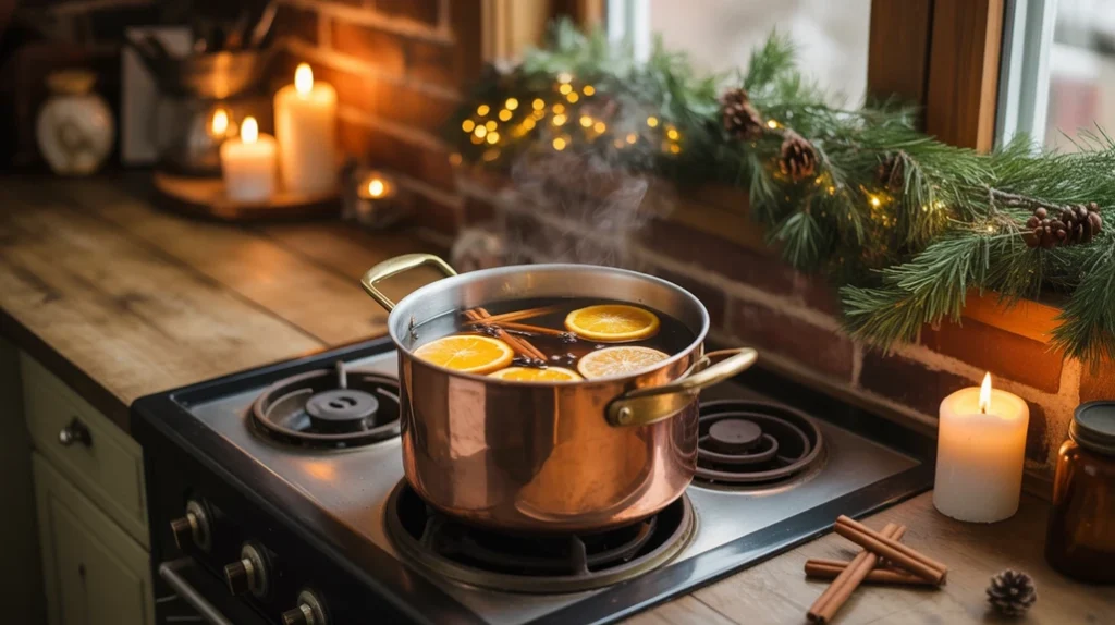 cinnamon sticks, oranges, and candles creating warm holiday scents in a cozy christmas kitchen