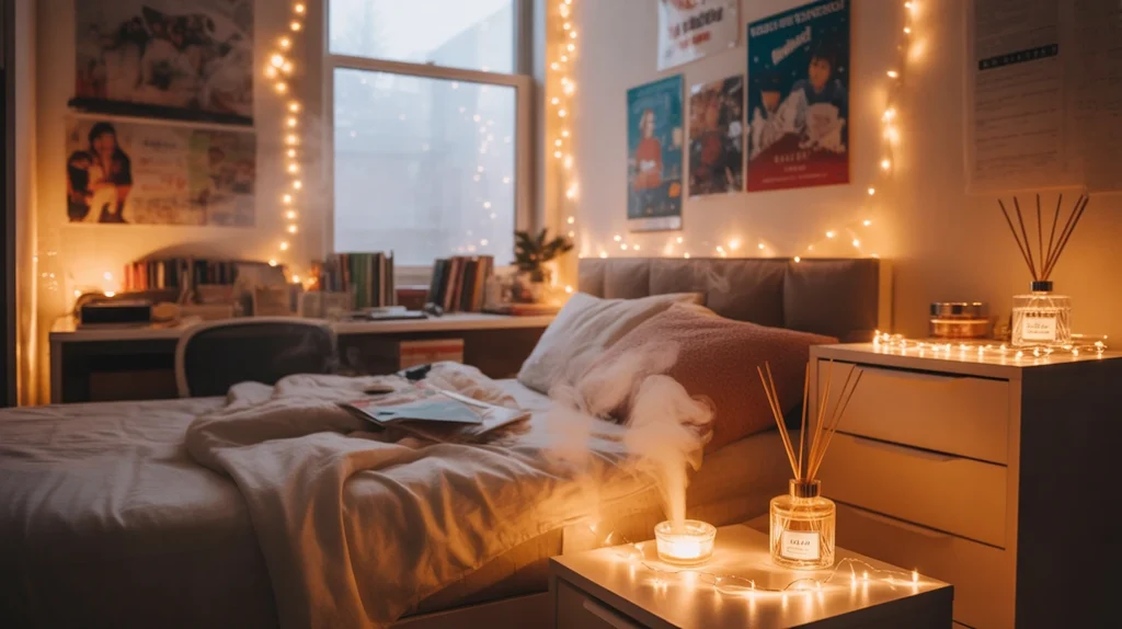 Scented diffusers and string lights adding warmth and Christmas fragrance to a teen bedroom decor