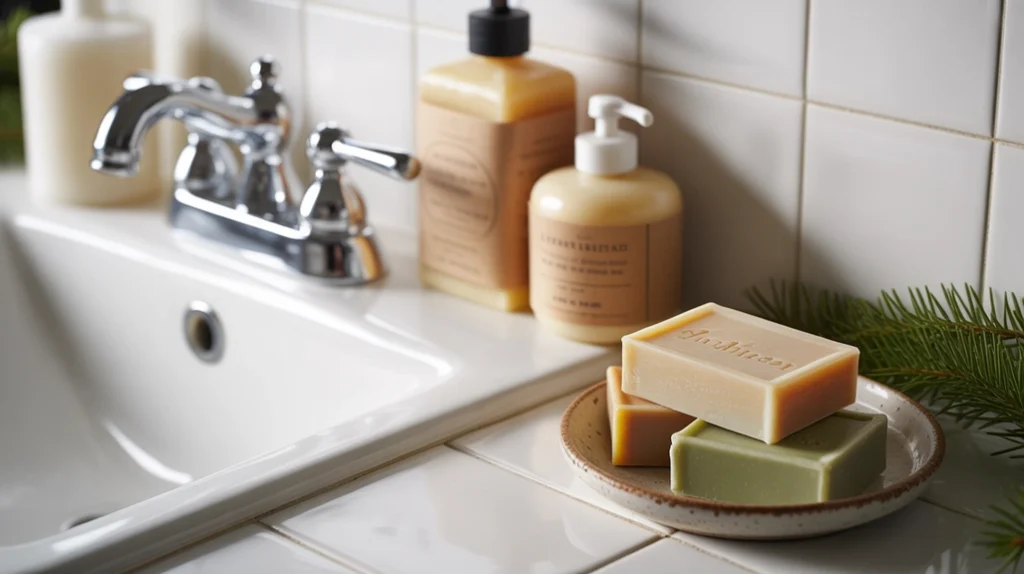 christmas-themed soap bars displayed in ceramic dish beside bathroom sink