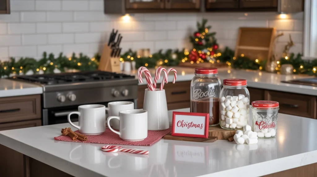 Christmas kitchen island cocoa bar setup with mugs, candy canes, and marshmallows for cozy holiday vibe