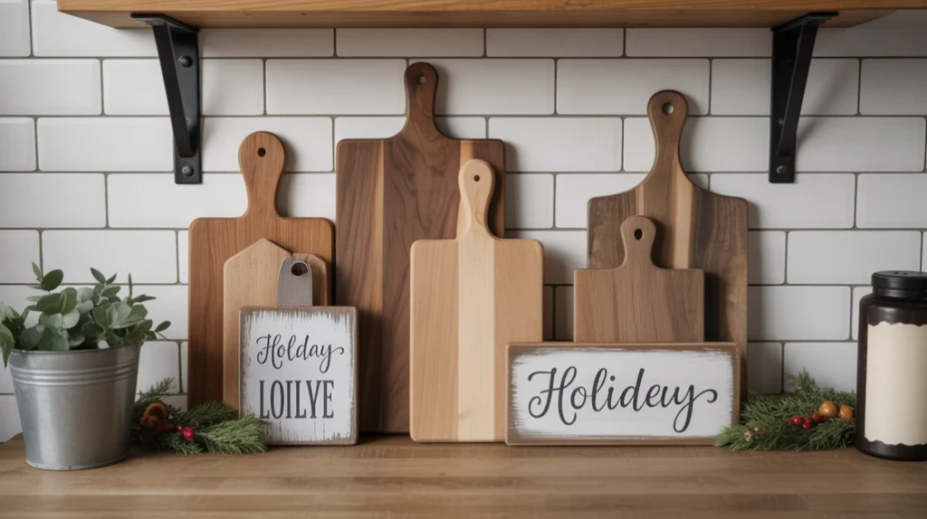 Layered wooden cutting boards with holiday signs and greenery for rustic Christmas kitchen wall decor.