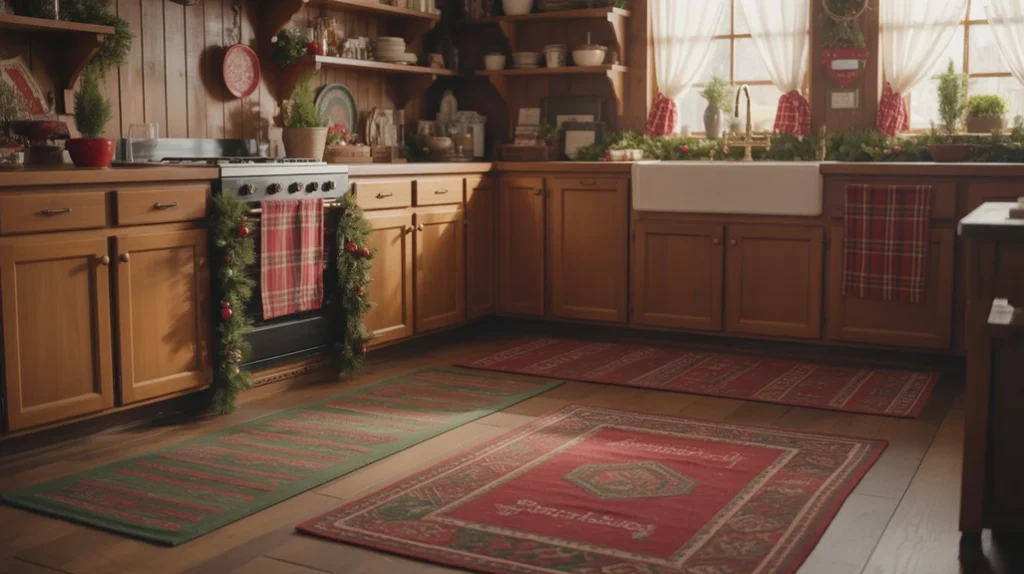 Layered red and green rugs in a festive farmhouse kitchen adding warmth and Christmas color.