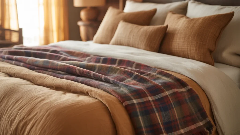 Layered flannel, burlap, and linen textiles creating cozy warmth in a farmhouse Christmas bedroom