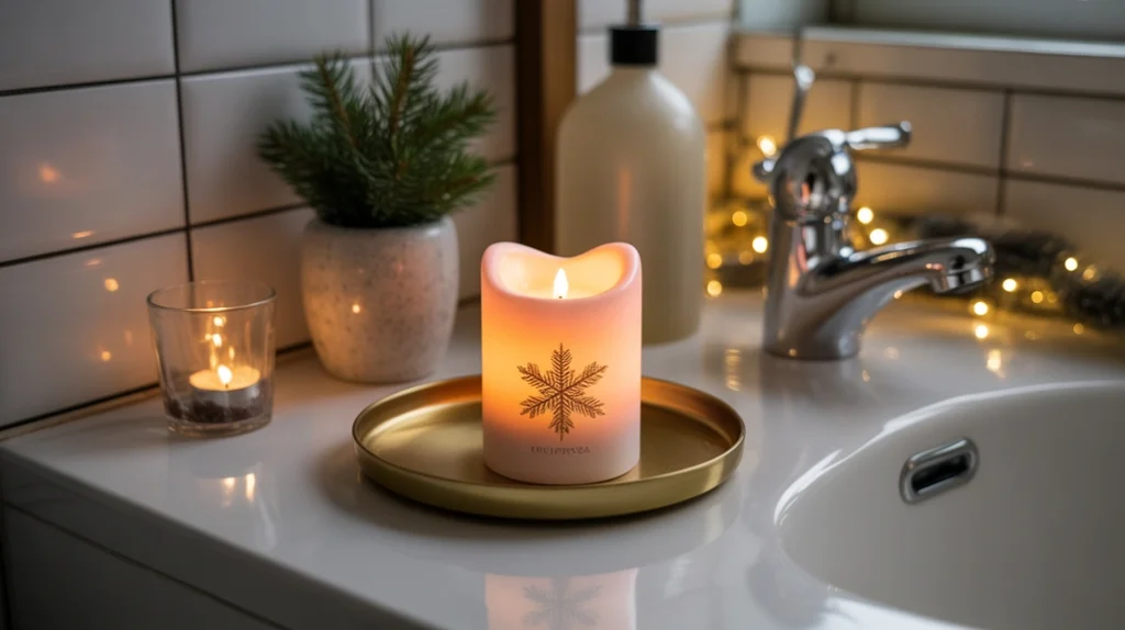 led candle on a bathroom tray creating a cozy warm holiday glow