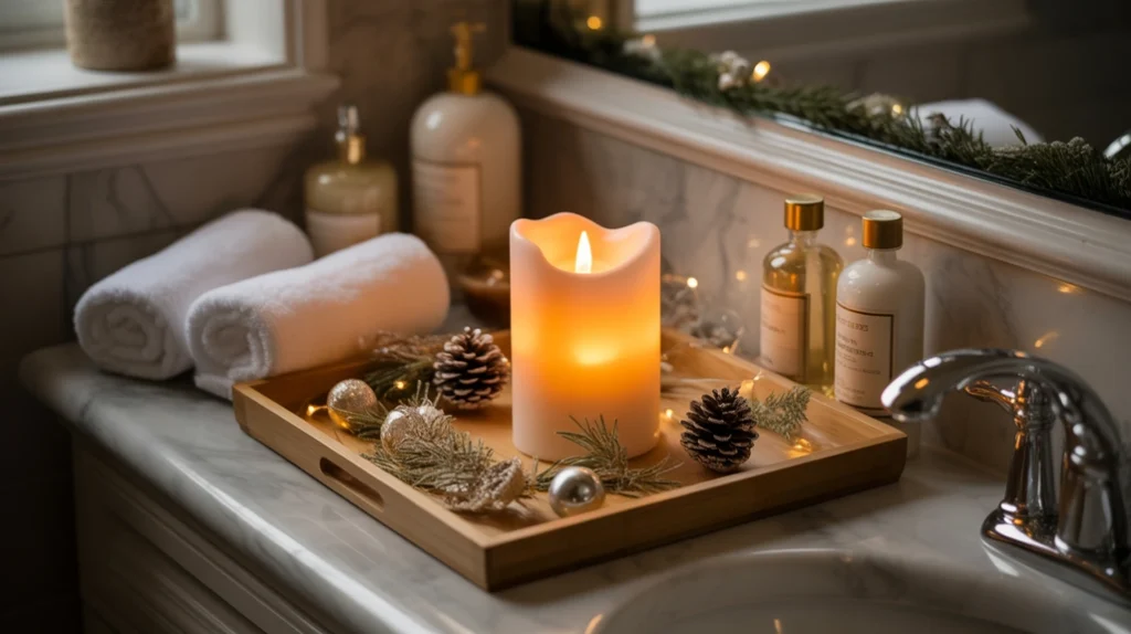 led candle on a tray casting a warm festive glow in a peaceful winter bathroom