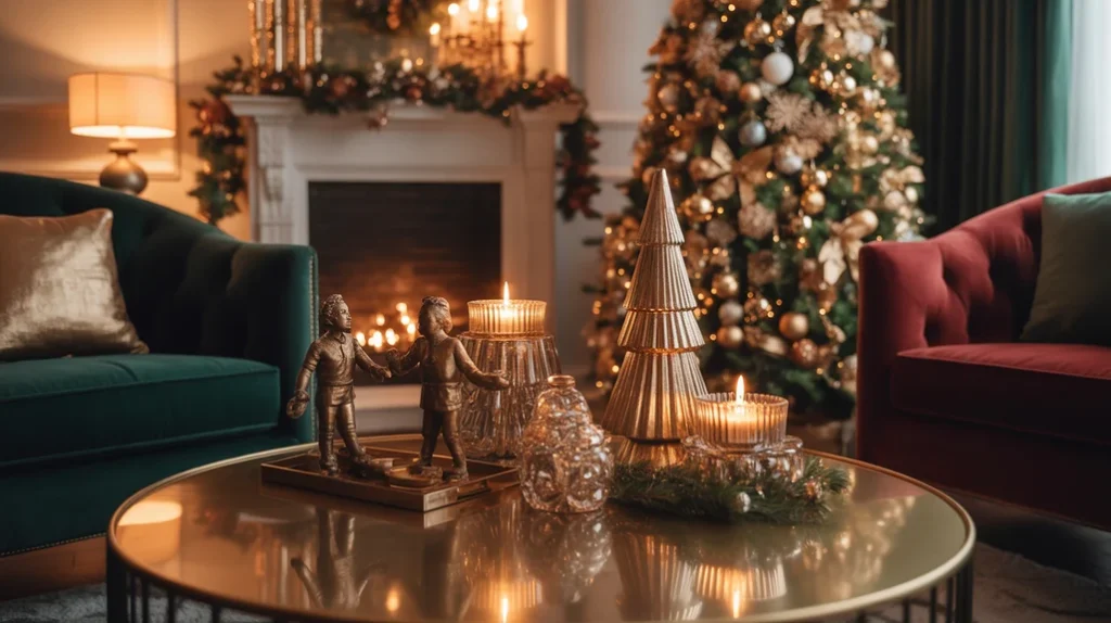 gold and silver metallic accents adding elegance to Christmas living room