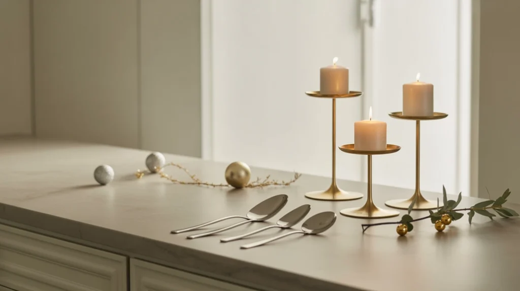Minimalist Christmas kitchen decor with gold candle holders and subtle metallic details for festive elegance