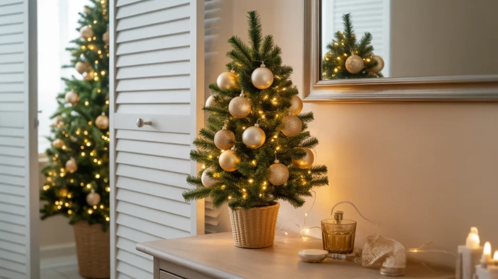 small bathroom christmas tree decorated with gold ornaments and soft holiday lights