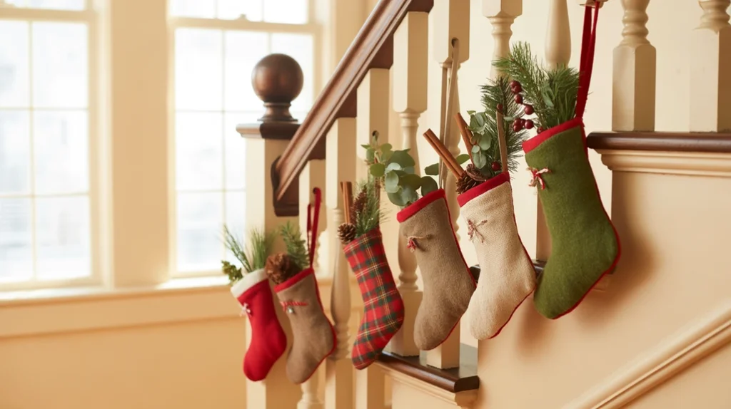 Mini Christmas stockings hanging on the staircase railing with seasonal fillers”