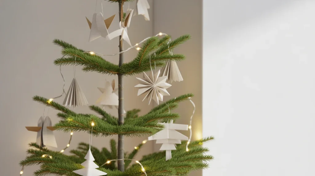 Small minimalist Christmas tree with wooden ornaments and white lights in Scandinavian bedroom