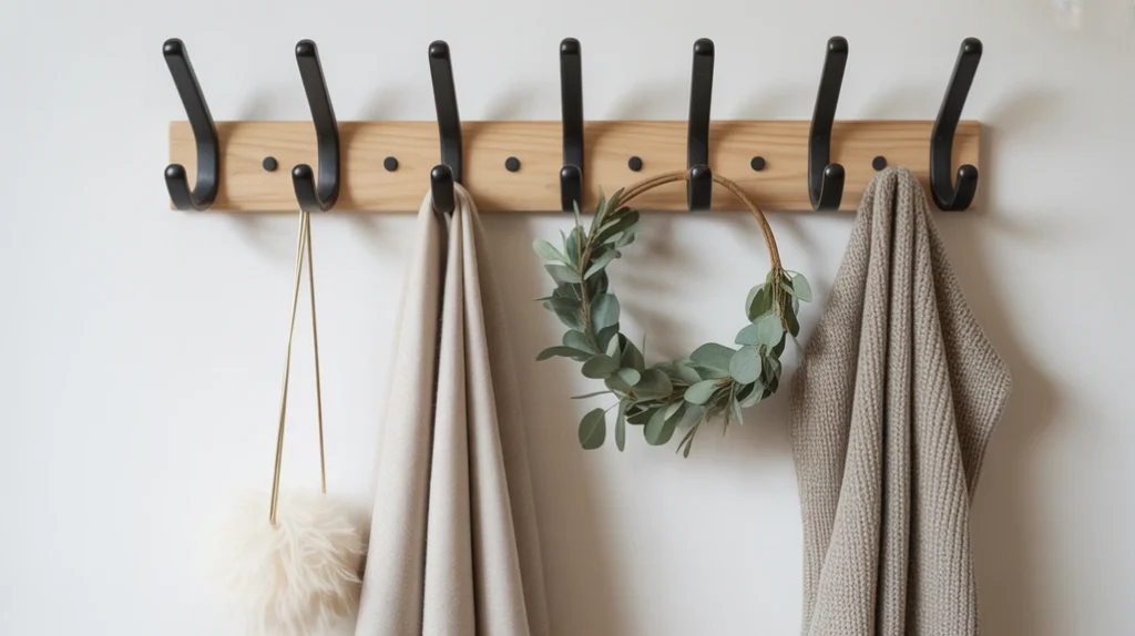 “Minimal wall hooks decorated with winter accessories in a Scandinavian entryway”