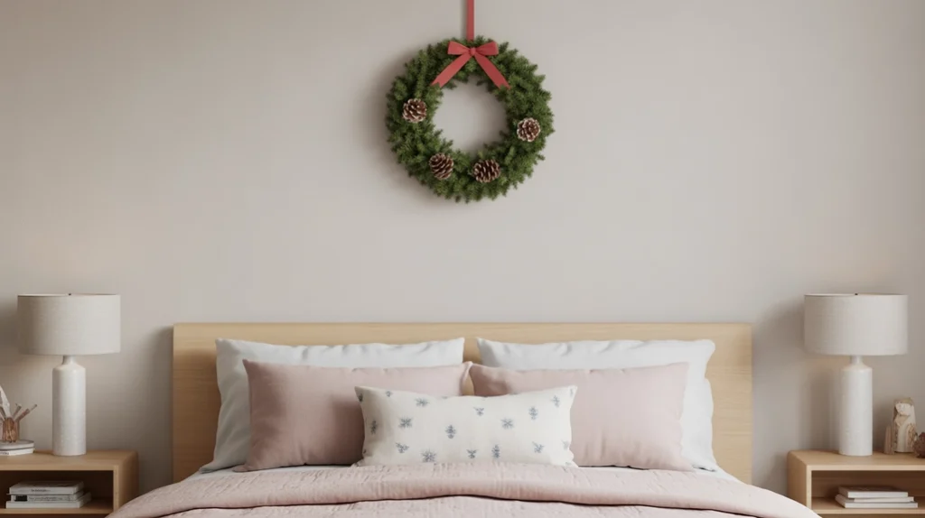 Minimal pine wreath with simple ribbon decor adding understated Christmas style to a boys bedroom wall