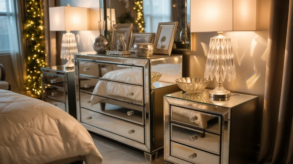 Mirrors and reflective decor surfaces creating sparkle and depth in a Christmas master bedroom