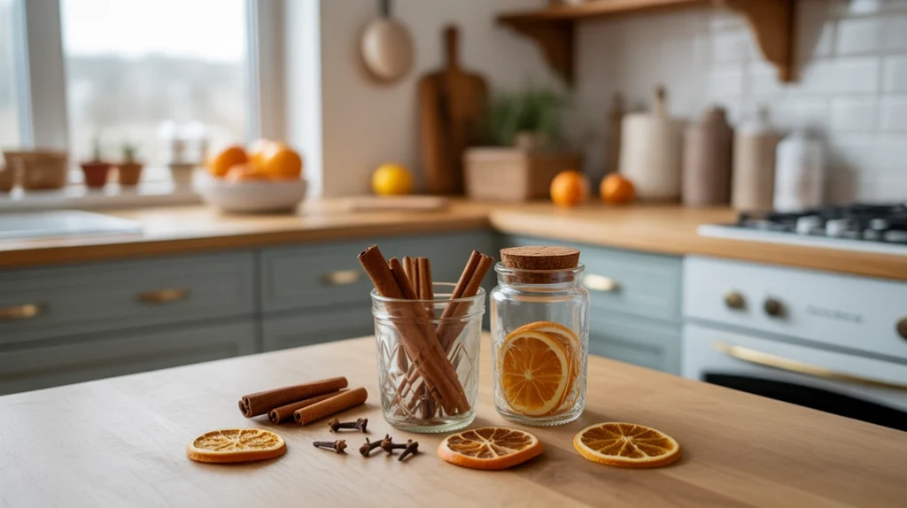 Rustic kitchen counter decorated with dried oranges, cinnamon sticks, and pinecones for natural Christmas fragrance