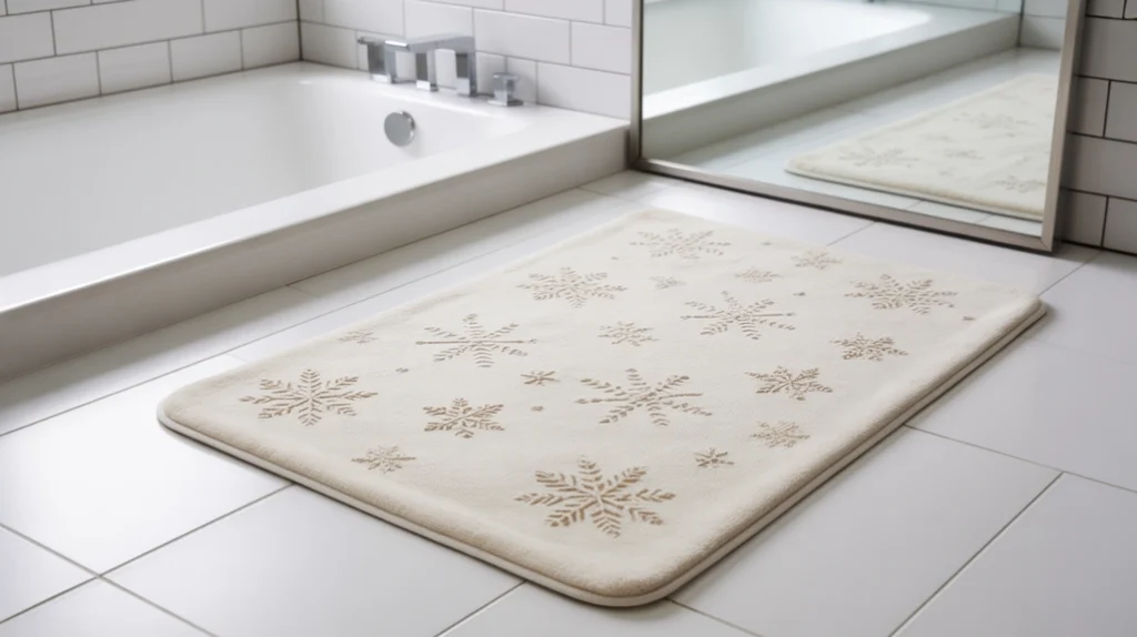 neutral christmas bath mat adding soft winter texture to clean modern bathroom