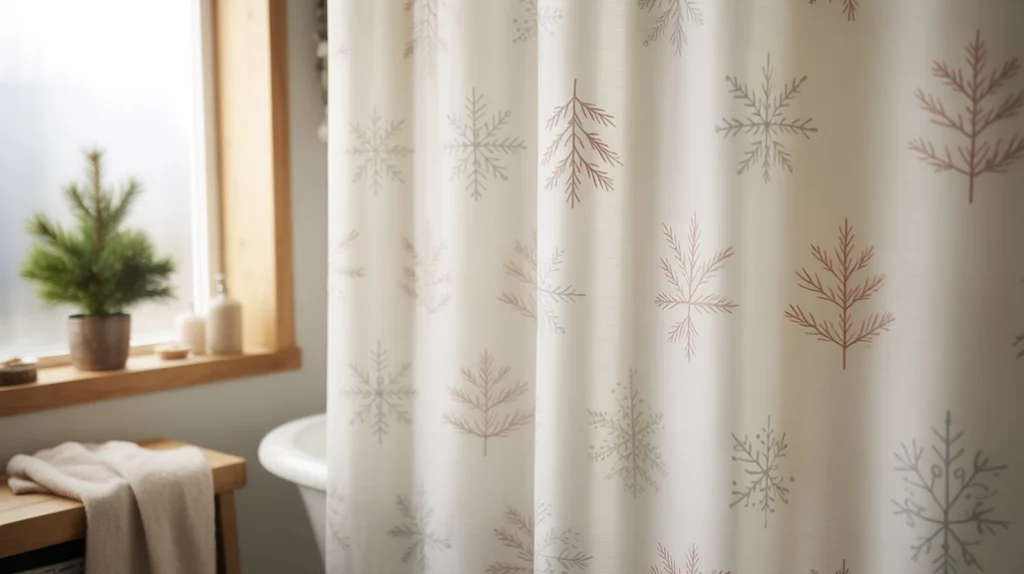 Neutral Scandinavian Christmas shower curtain with soft winter patterns in a Hygge bathroom.