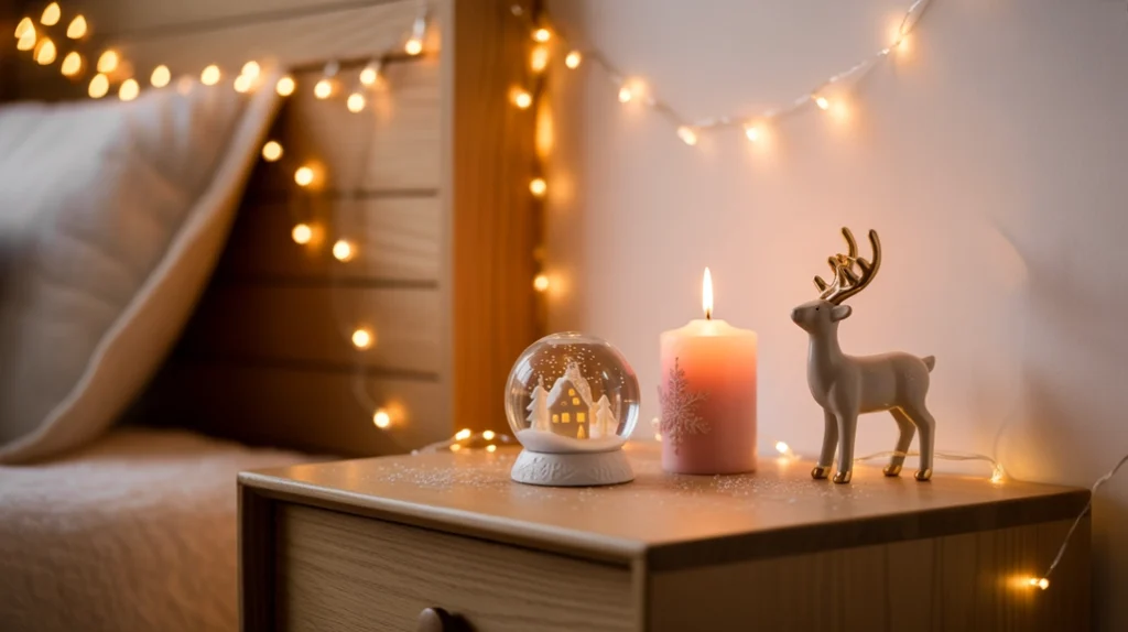 Christmas nightstand styling with pink candle, snow globe, and soft silver accents