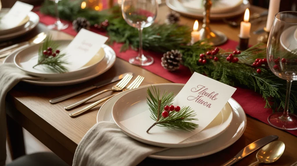 Festive Christmas place cards with greenery sprigs and holiday table styling
