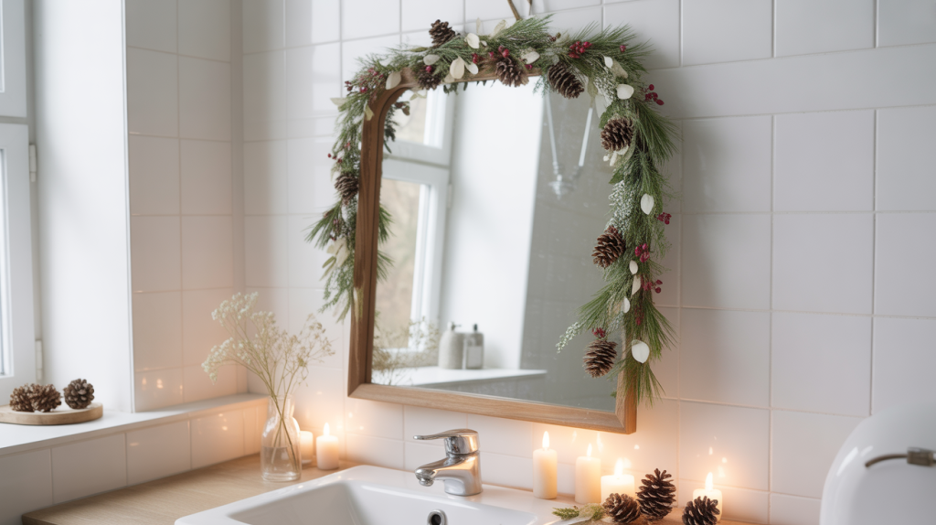 pinecones and winter floral sprigs styled around bathroom mirror for a cozy seasonal look