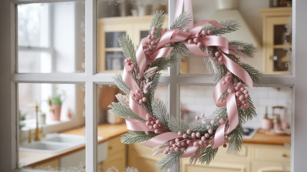 Pink Christmas wreath hanging on a kitchen window with frosted greenery and blush berries