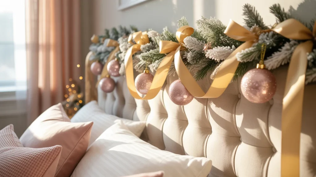 mini pink ornaments and frosted garlands adding subtle holiday charm to a blush Christmas bedroom