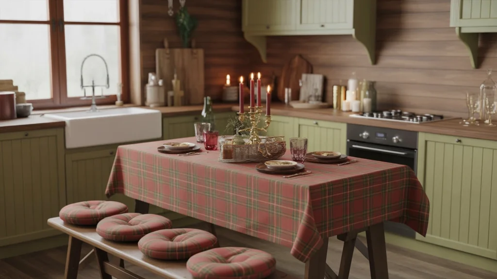 plaid linens and flannel tablecloth in red and green tones styled in rustic christmas kitchen