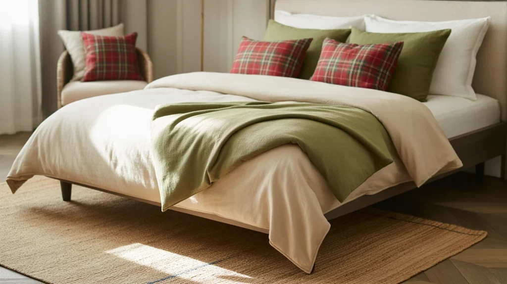 Plaid cushions and herringbone rug bringing farmhouse texture to rustic modern Christmas bedroom
