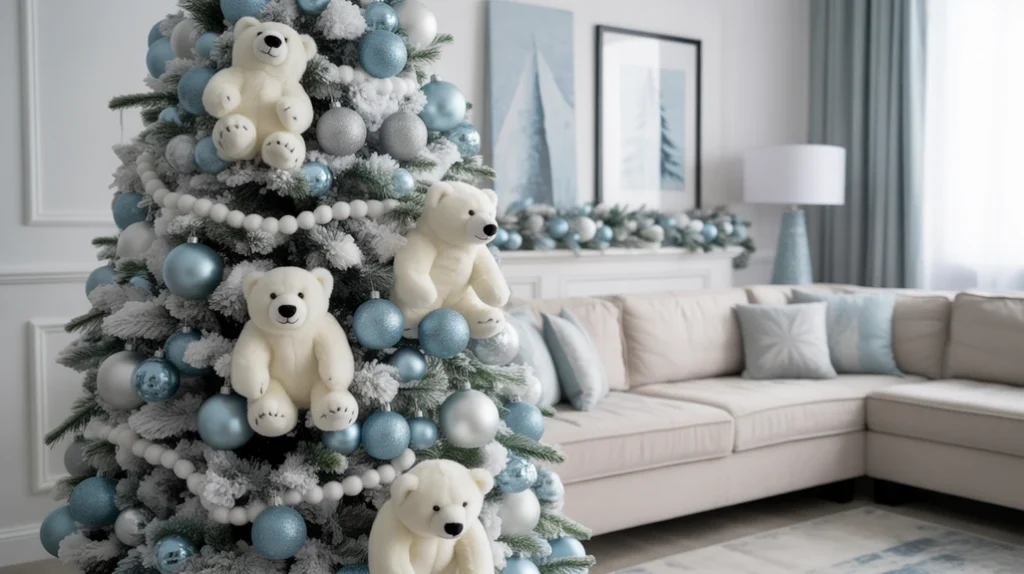 Polar Bear Whimsical Christmas Tree with snowball garlands and icy blue accents
