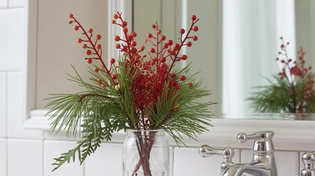 red berry stems and green pine picks arranged for natural holiday decor