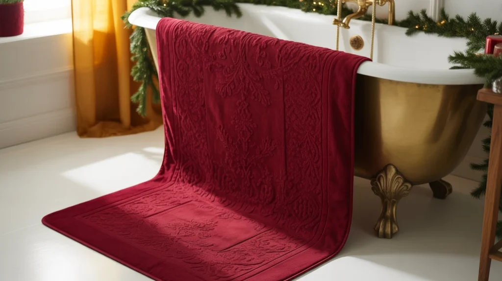 red retro bath mat adding warm nostalgic christmas color to bathroom floor