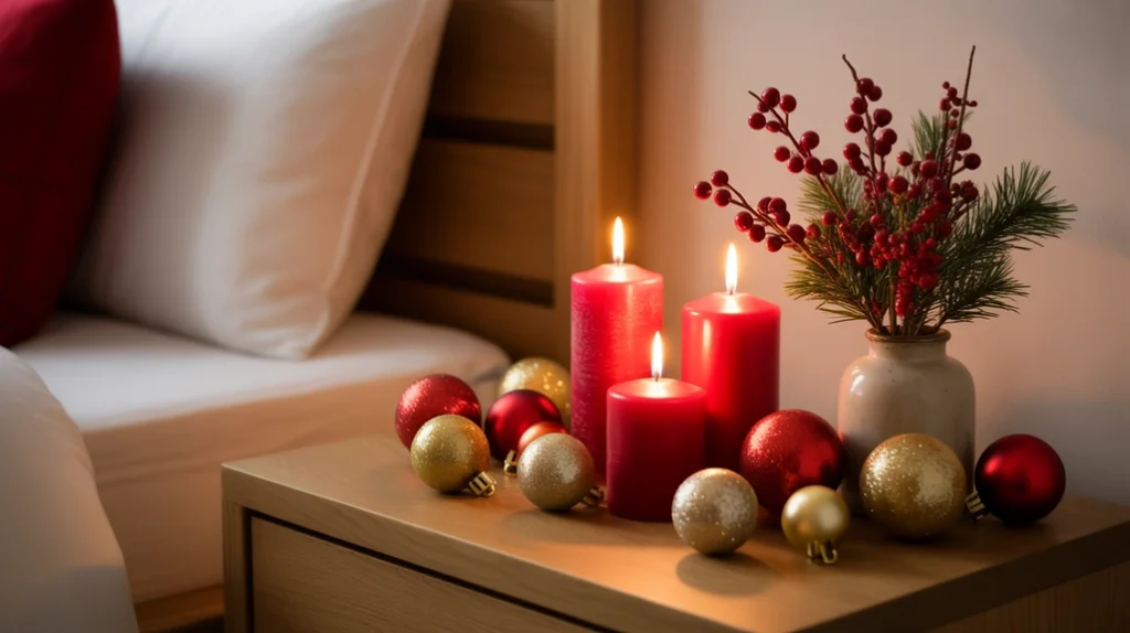 christmas nightstand with red candles, ornaments, and festive bedroom accessories for cozy styling