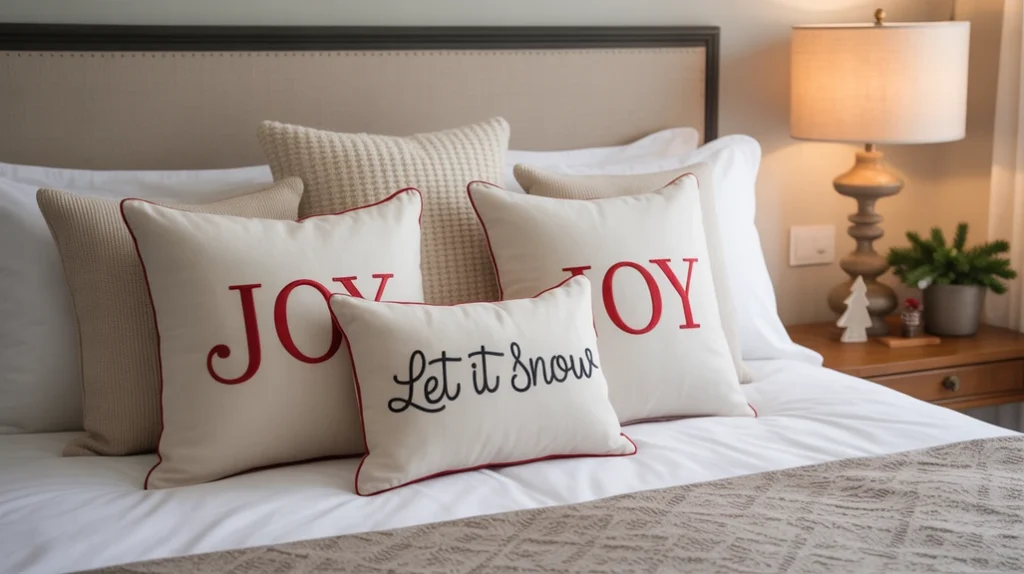 Christmas pillow covers with embroidered quotes for easy and affordable seasonal bedroom updates.