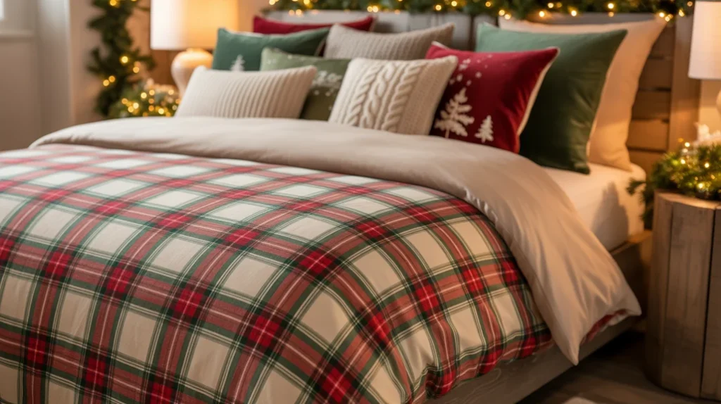 Reversible Christmas duvet with plaid and neutral sides styled with holiday pillows